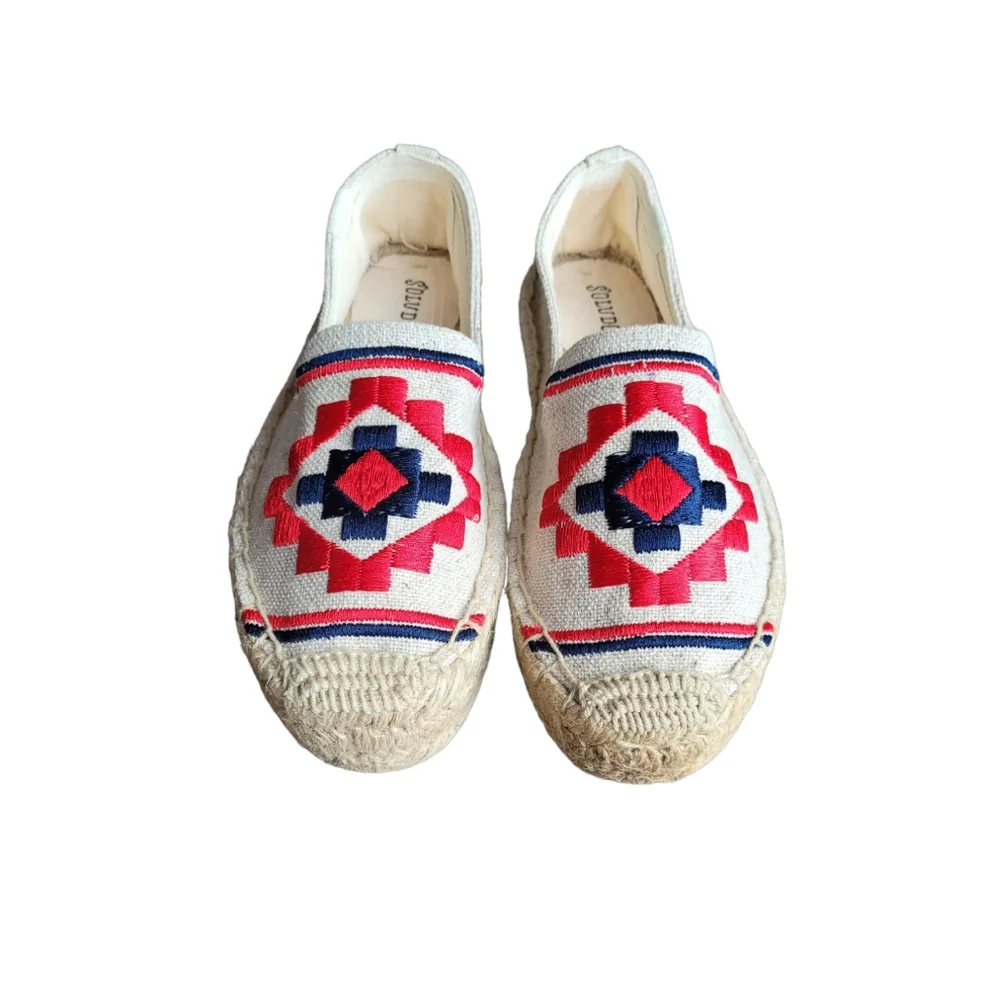 Soludos Cream Espadrilles with Red and Navy Geometric Embroidery